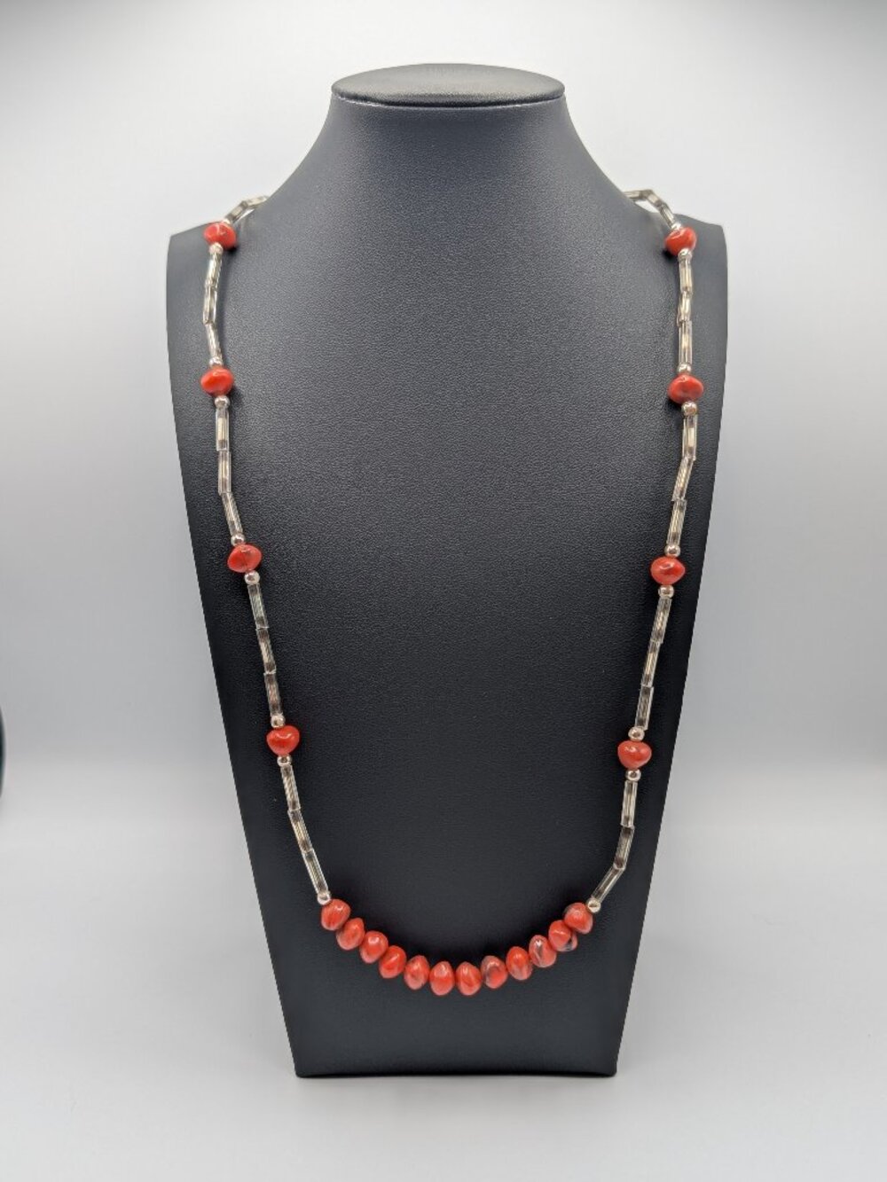 Vintage Coral Red Faux Bead Necklace Long Layering Retro 80s Clear Bugle Spacer